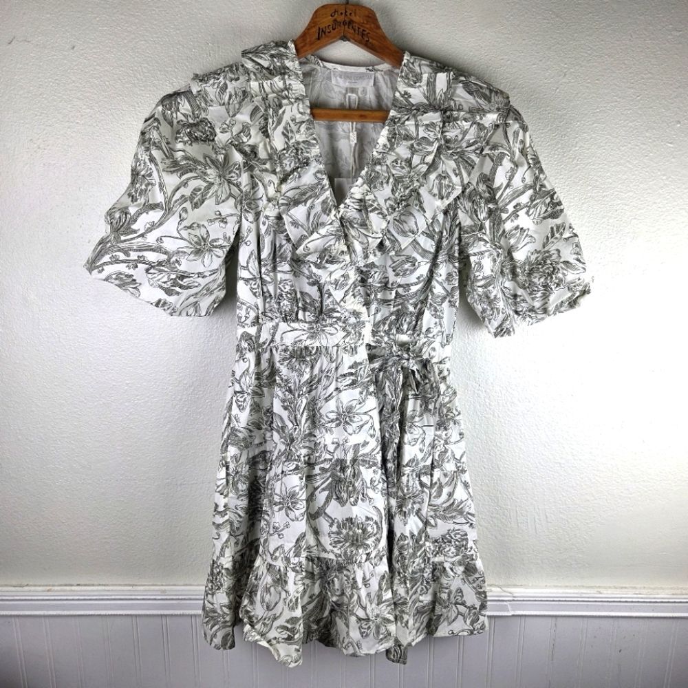 NWT Caroline Constas Boho Wrap Mini Dress S Ivory Olive Floral 100% Cotton